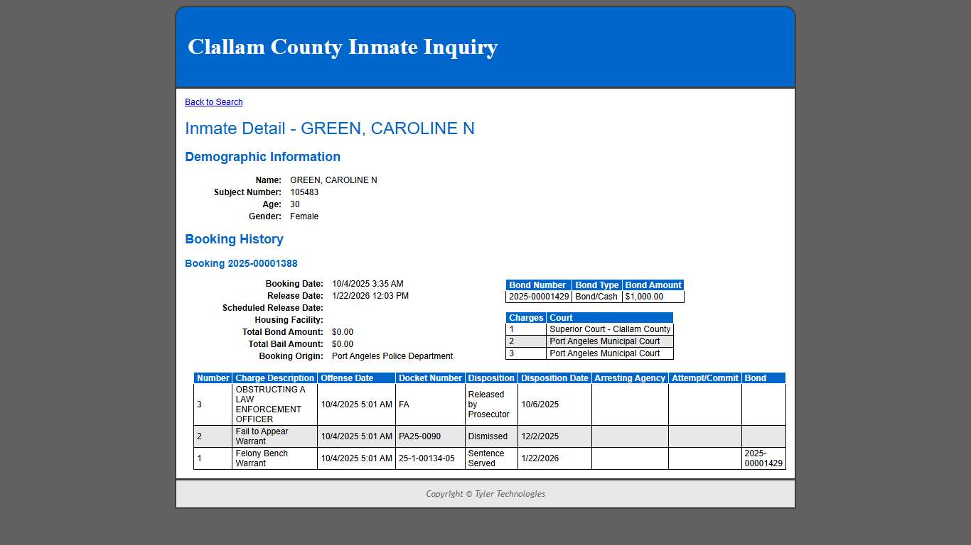 Inmate Detail - GREEN, CAROLINE N